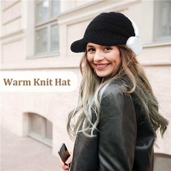 Women\'s 4 Pieces Winter Knit Hat with Visor Warm Newsboy Skull Cap main image 4